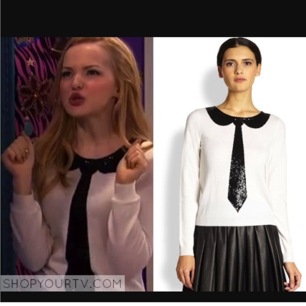 Alice + Olivia cream white & black "Delray sequin tie" wool sweater shirt top S